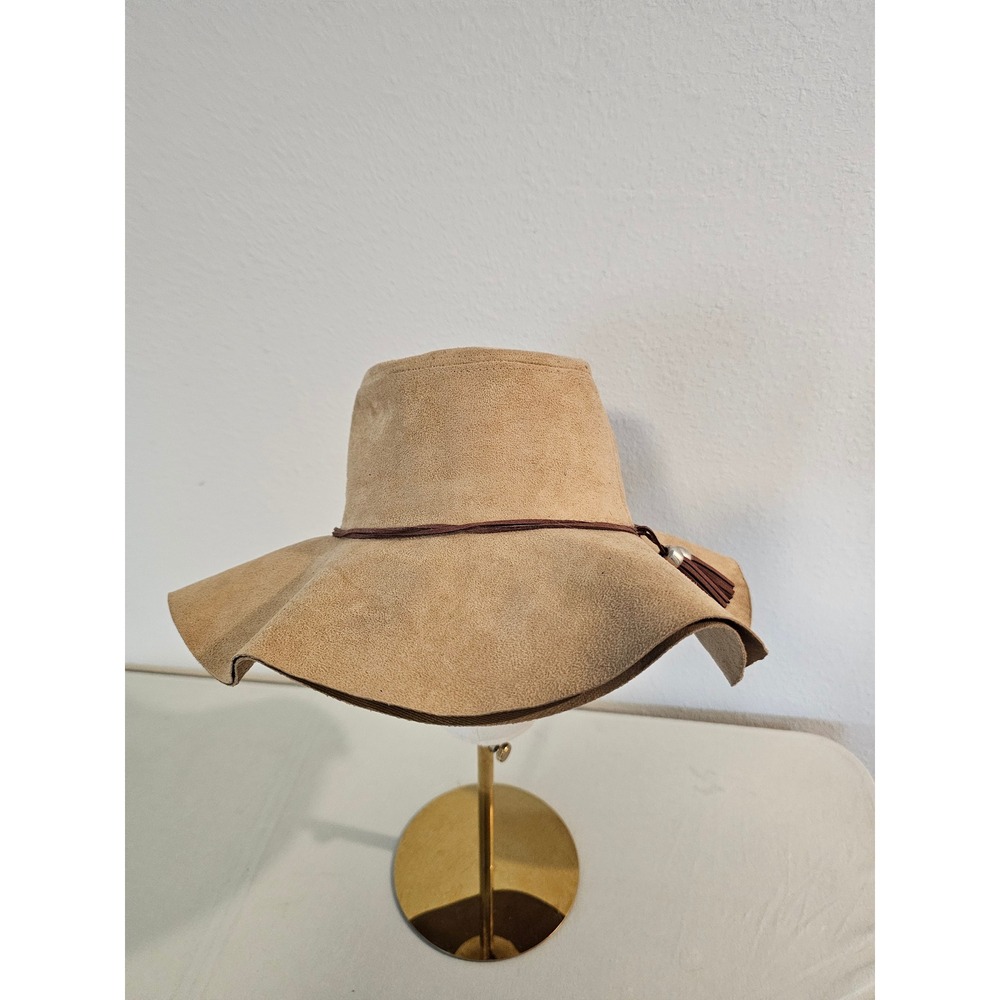 Emporio Enzo One Size Tan Faux Suede Floppy Sun Hat Tassel Detail